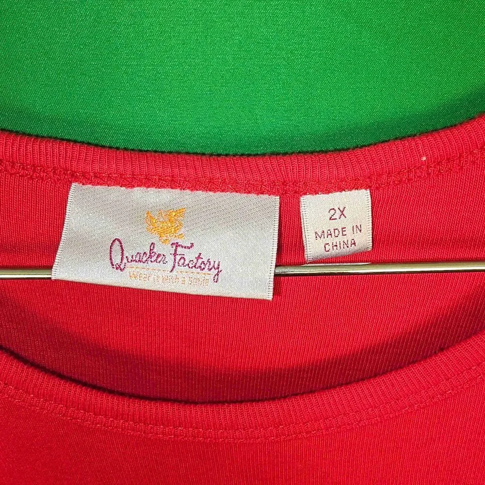Quacker Factory Womens Red Embellished Heart Long Sleeve Shirt 2X Valentines Day